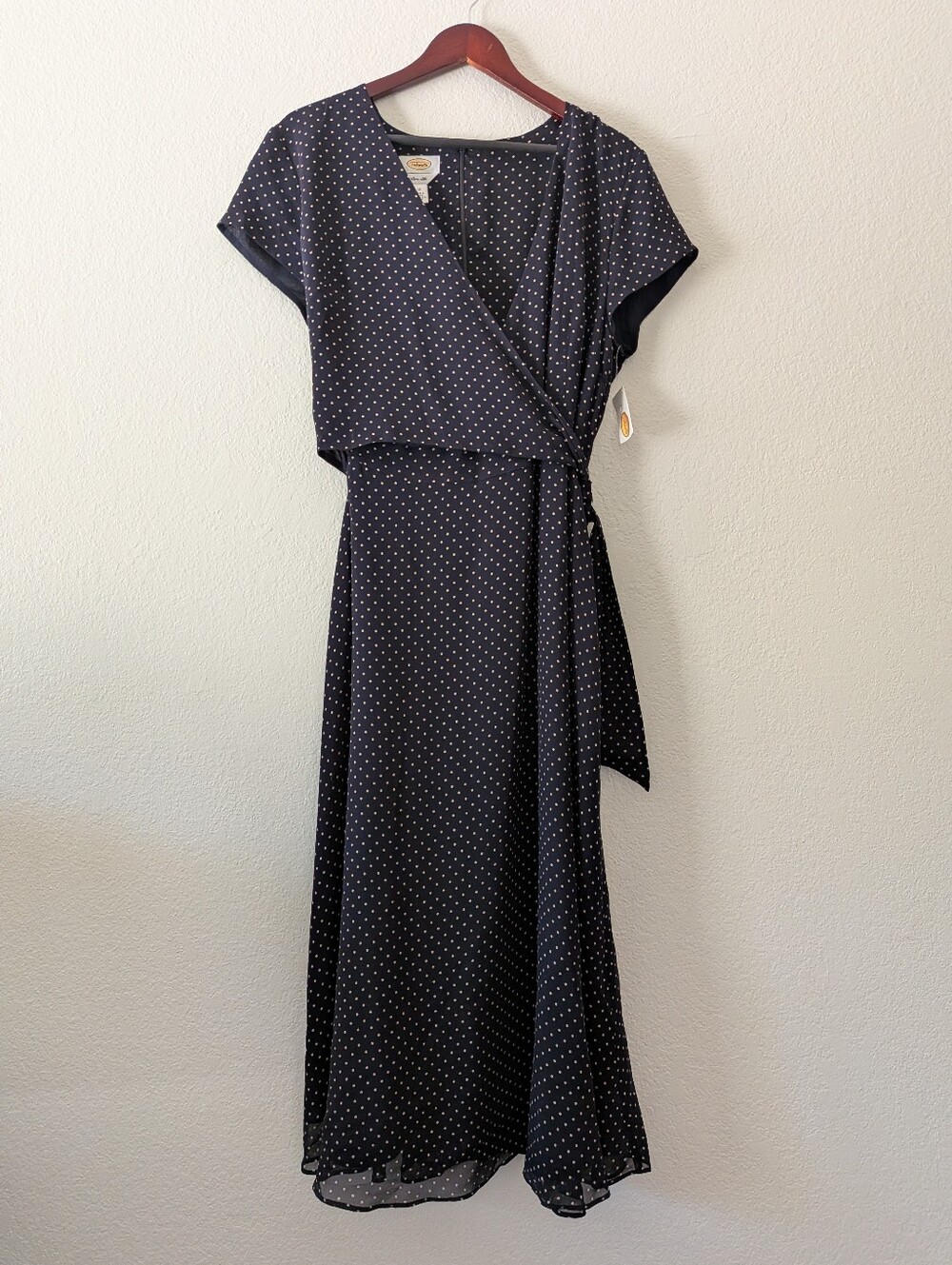 NWT Talbots Pure Silk Black Polka-Dot Wrap Midi Dress Short Sleeve Size 16
